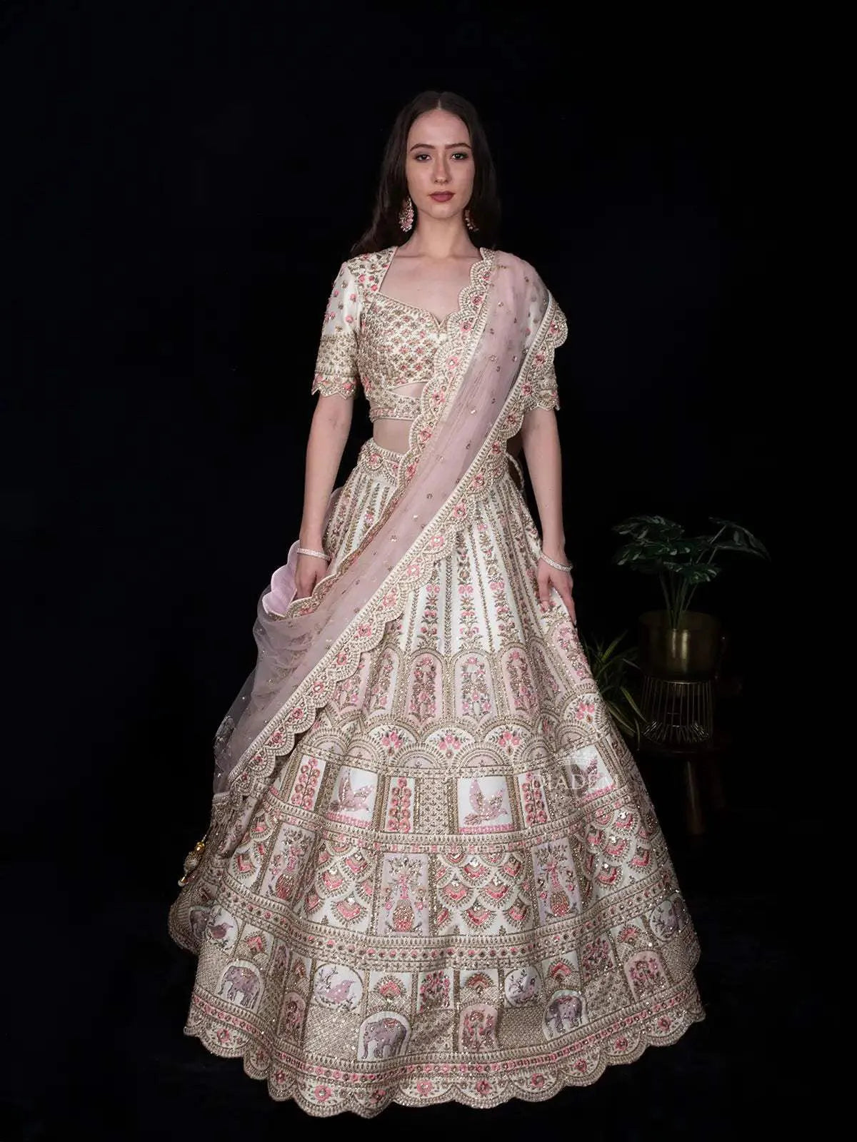 Ivory Raw Silk Floral Designed Wedding Bridal Lehenga - Diadem