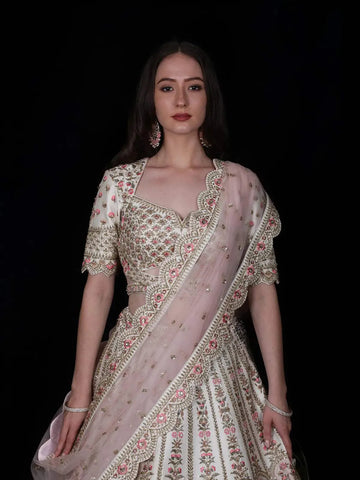 Ivory Raw Silk Floral Designed Wedding Bridal Lehenga - Diadem