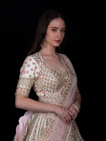 Ivory Raw Silk Floral Designed Wedding Bridal Lehenga - Diadem