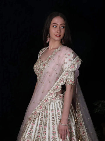 Ivory Raw Silk Floral Designed Wedding Bridal Lehenga - Diadem