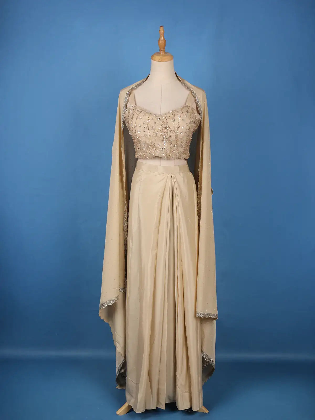 Ivory Sequin Embellished Crop Top with Draped Skirt - Diadem