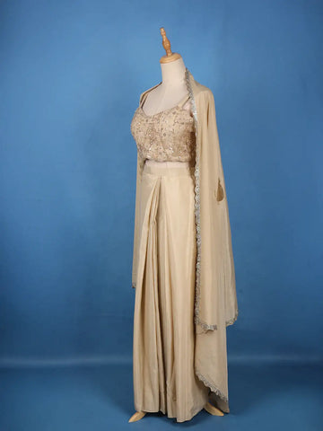 Ivory Sequin Embellished Crop Top with Draped Skirt - Diadem