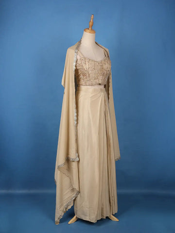 Ivory Sequin Embellished Crop Top with Draped Skirt - Diadem