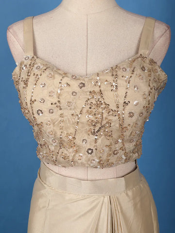 Ivory Sequin Embellished Crop Top with Draped Skirt - Diadem