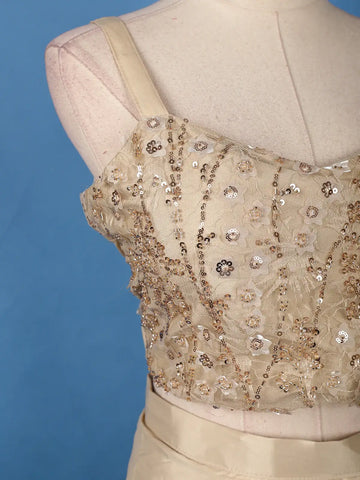 Ivory Sequin Embellished Crop Top with Draped Skirt - Diadem