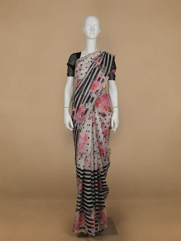 Ivory with Black Stripes and Floral Printed Organza Designer Saree - Diadem
