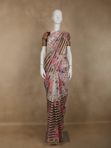 Ivory with Dark Mustard Stripes and Floral Printed Organza Designer Saree - Diadem