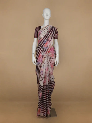 Ivory with Marron Stripes and Floral Printed Organza Designer Saree - Diadem