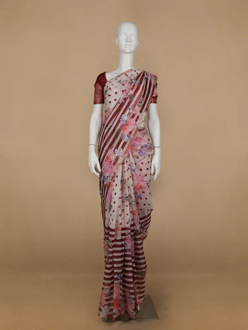 Ivory with Red Stripes and Floral Printed Organza Designer Saree - Diadem