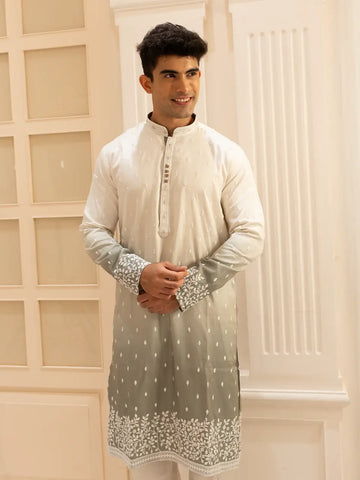 Men’s Ombre Cotton Kurta – Ivory to Sage Green Design - Diadem