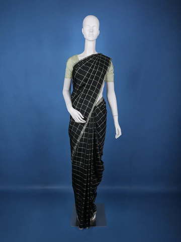 Jet Black and Silver Checked Woven Soft Silk Saree - Diadem