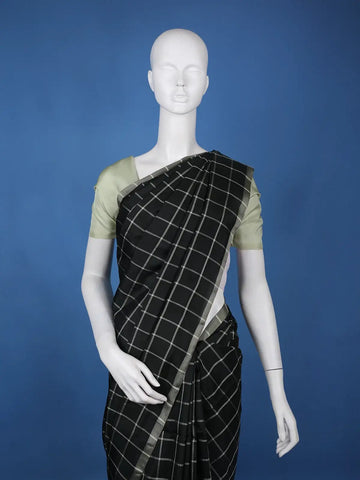Jet Black and Silver Checked Woven Soft Silk Saree - Diadem