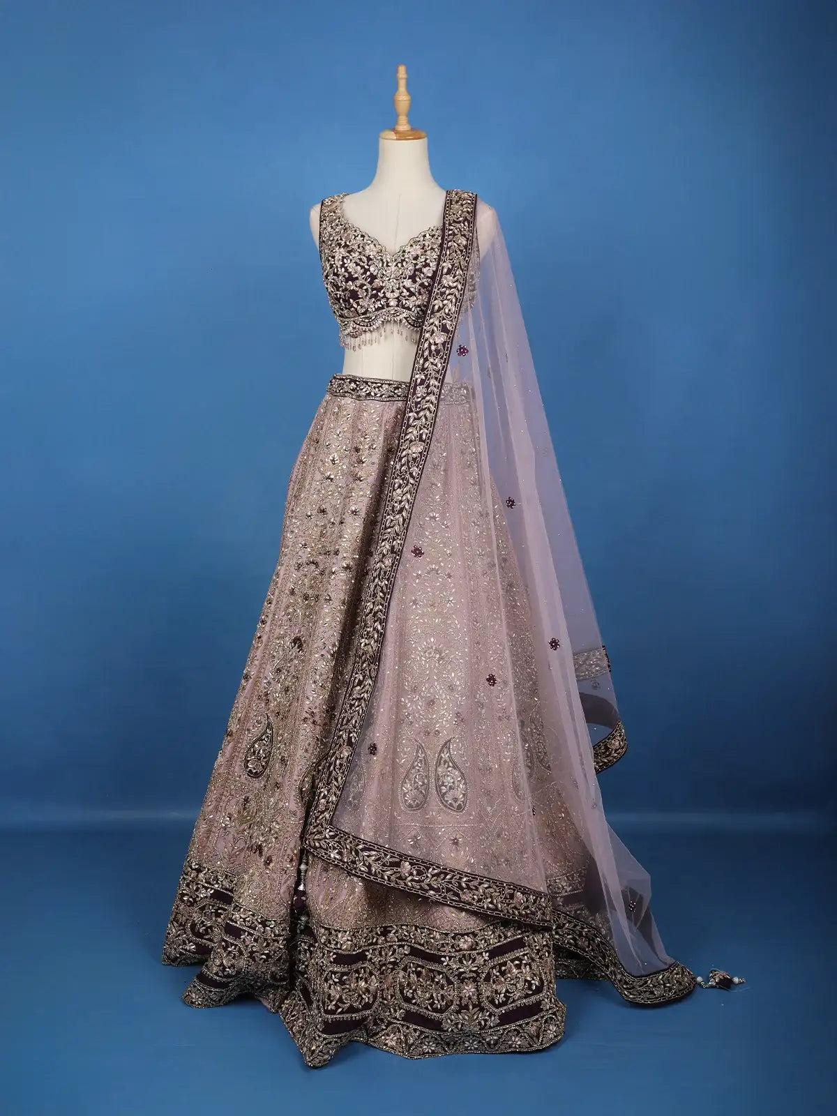 Lavender And Purple Floral Embroidered Silk Lehenga With Net Dupatta - Diadem