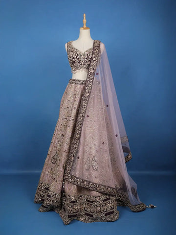 Lavender And Purple Floral Embroidered Silk Lehenga With Net Dupatta - Diadem