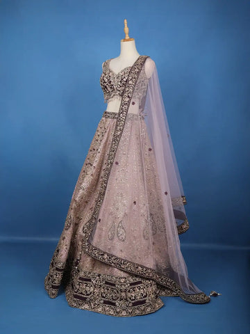 Lavender And Purple Floral Embroidered Silk Lehenga With Net Dupatta - Diadem