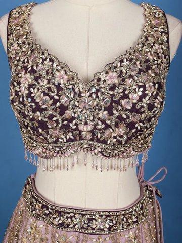 Lavender And Purple Floral Embroidered Silk Lehenga With Net Dupatta - Diadem