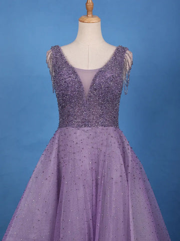 Purple Beaded Net Gown with Deep Neck - Diadem