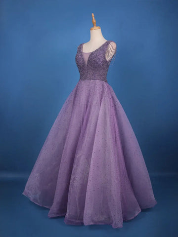 Purple Beaded Net Gown with Deep Neck - Diadem
