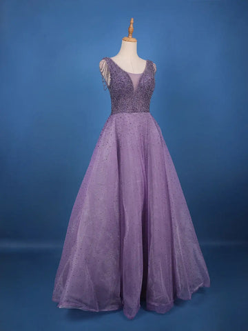 Purple Beaded Net Gown with Deep Neck - Diadem
