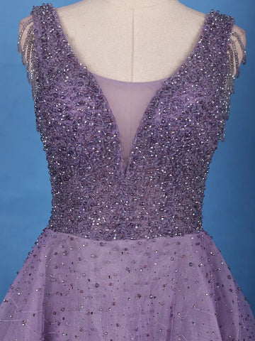 Purple Beaded Net Gown with Deep Neck - Diadem