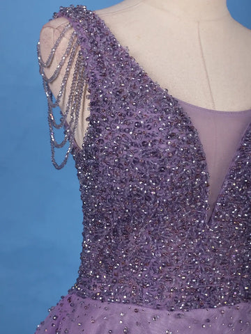 Purple Beaded Net Gown with Deep Neck - Diadem