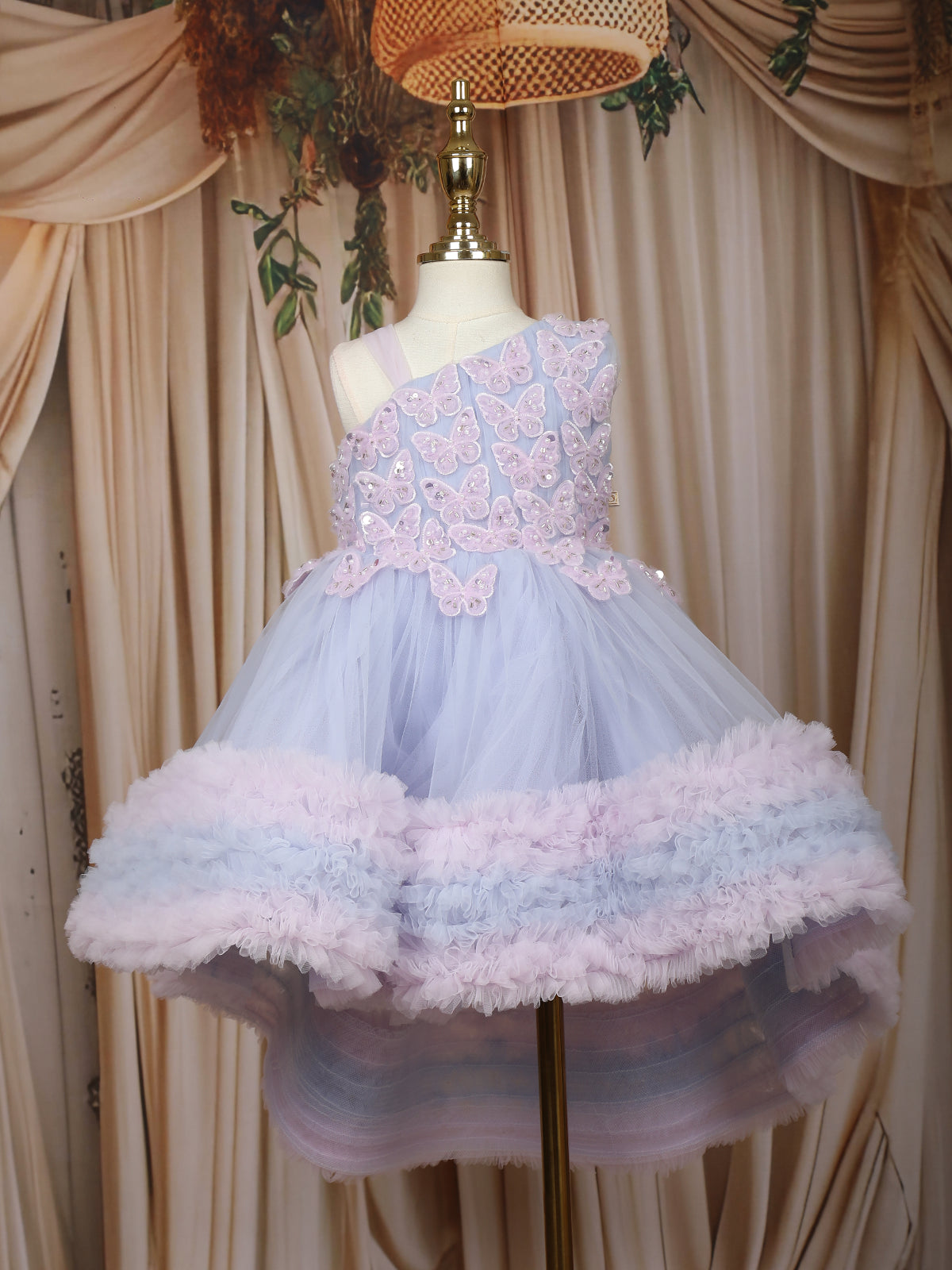 Lavender Butterfly Layered Design Net Ruffle Frock