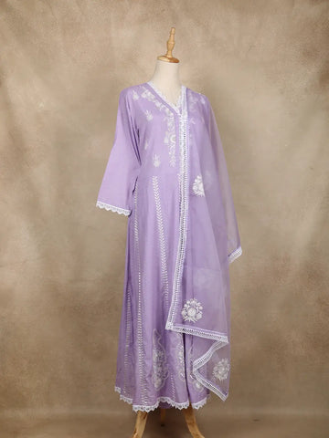 Lavender Floral Embroidered Cotton Salwar Suit - Diadem