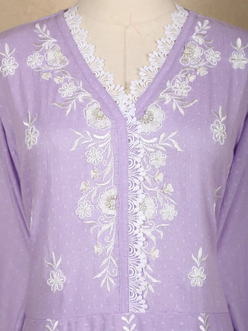 Lavender Floral Embroidered Cotton Salwar Suit - Diadem