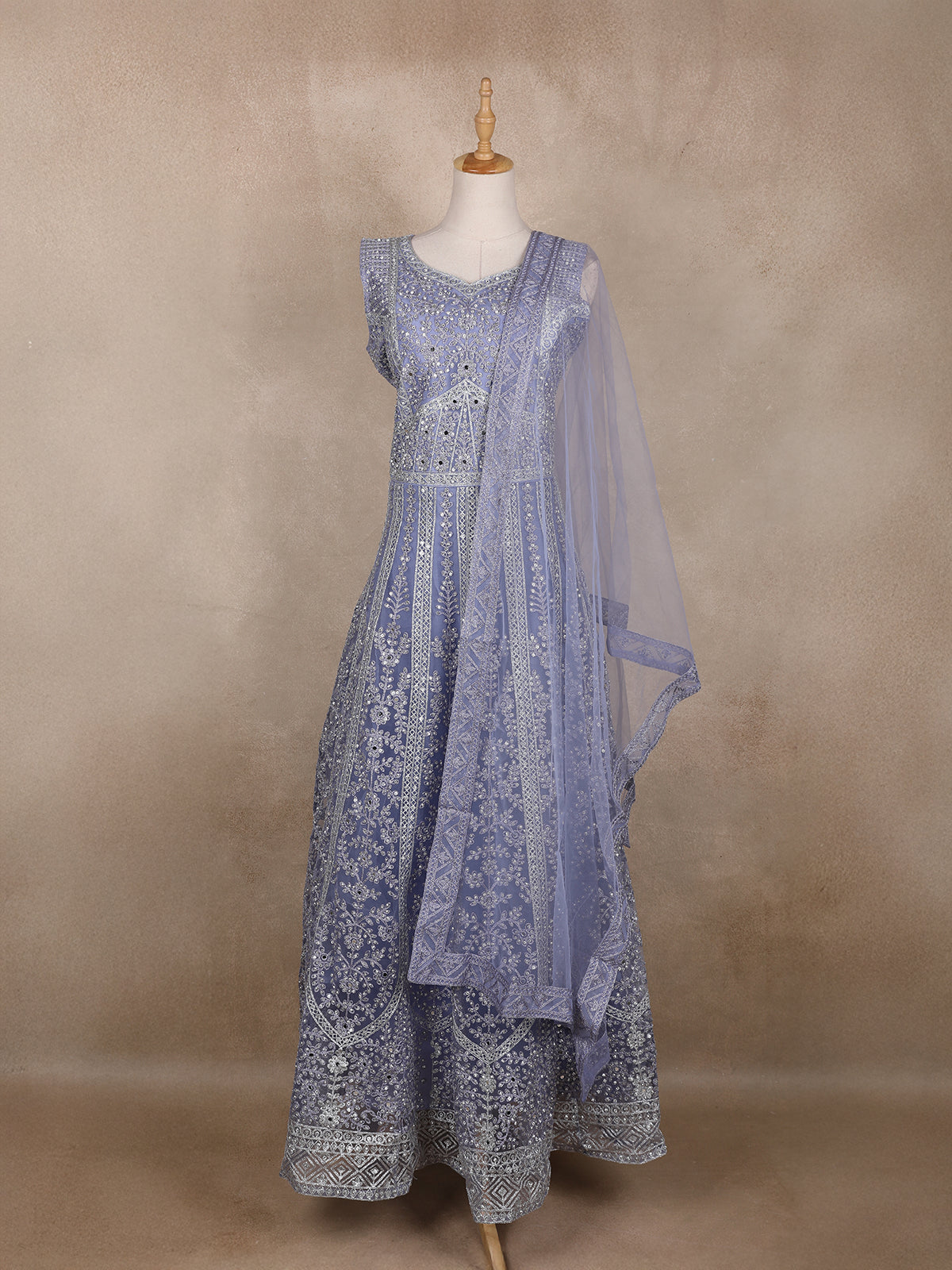 Lavender Floral Embroidered Design Net Gown