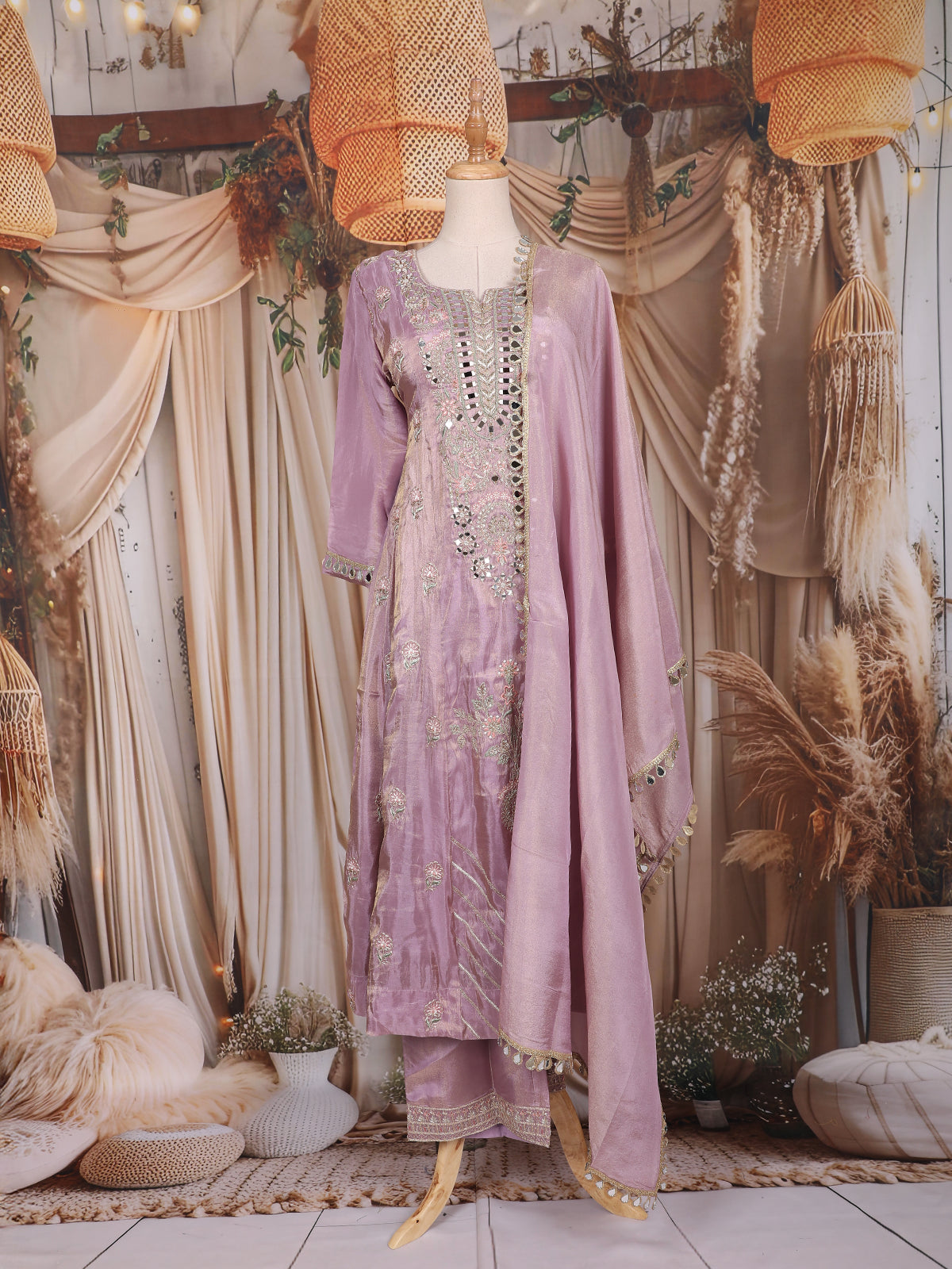 Lavender Floral Embroidered Organza Palazzo Suit