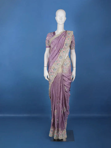 Lavender Floral Embroidered Satin Saree - Diadem