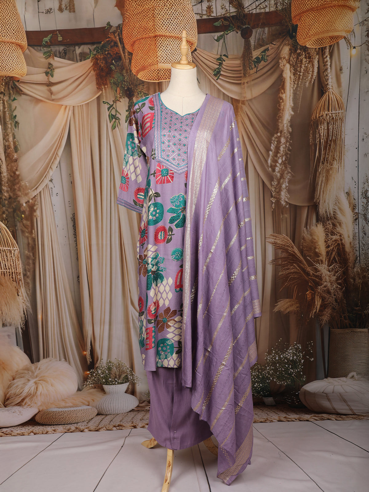 Lavender Floral Printed Cotton Salwar Suit with Embroidered Yoke and Dupatta