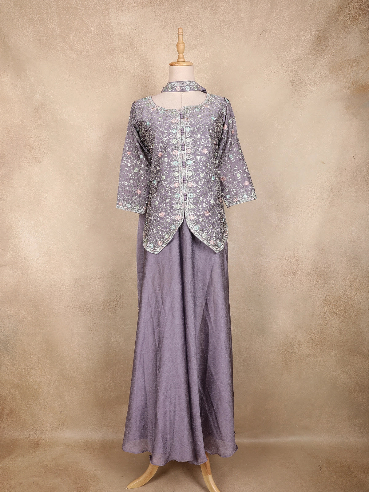 Lavender Floral Thread Embroidered Semi Silk Palazzo Suit with Dupatta