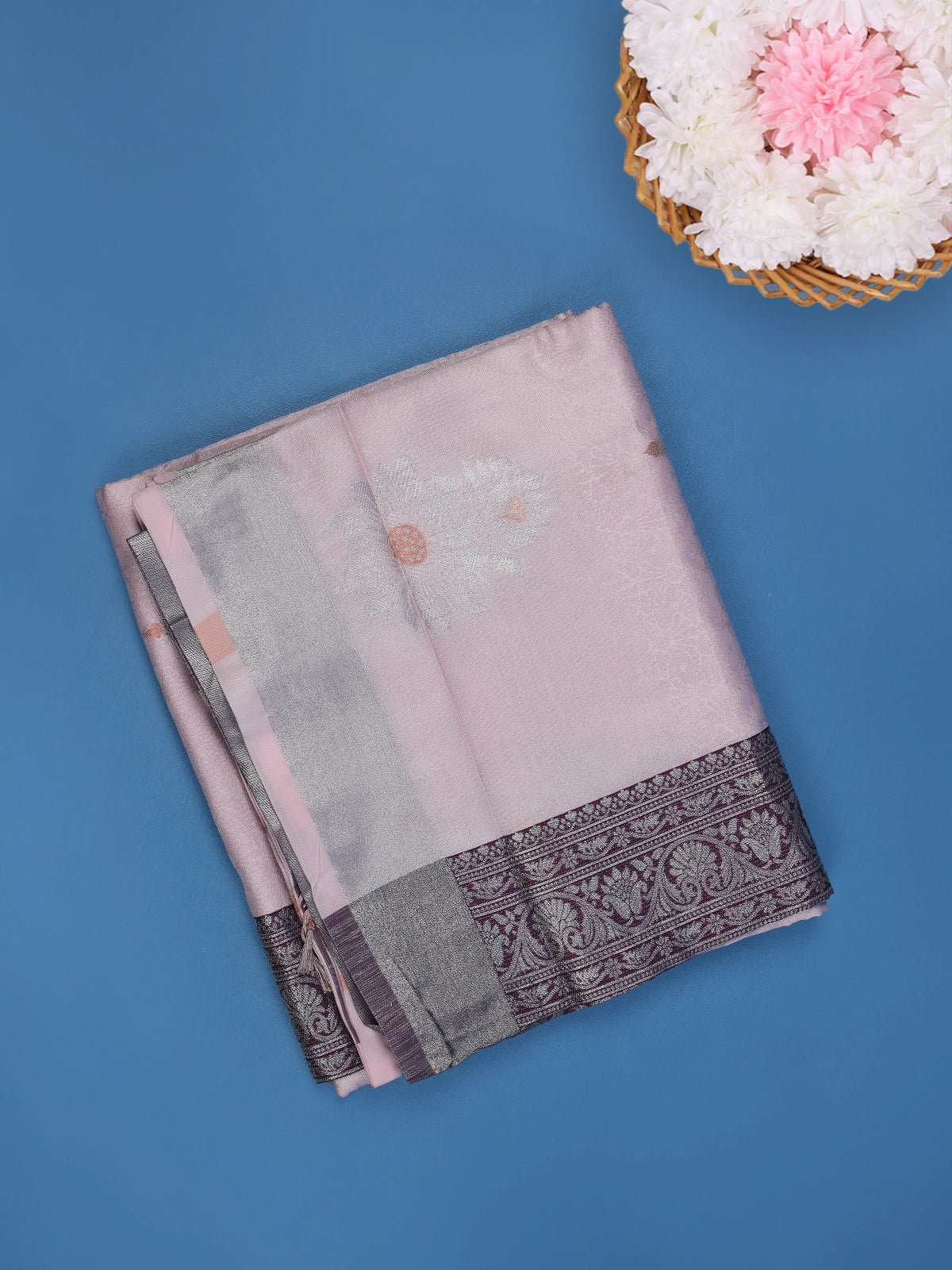 Lavender Floral Woven Art Silk Saree with Contrast Silver Zari Border