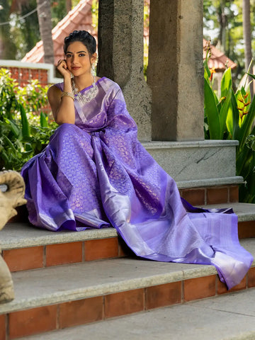 Lavender Floral Woven Pure Kanchipuram Silk Saree - Diadem