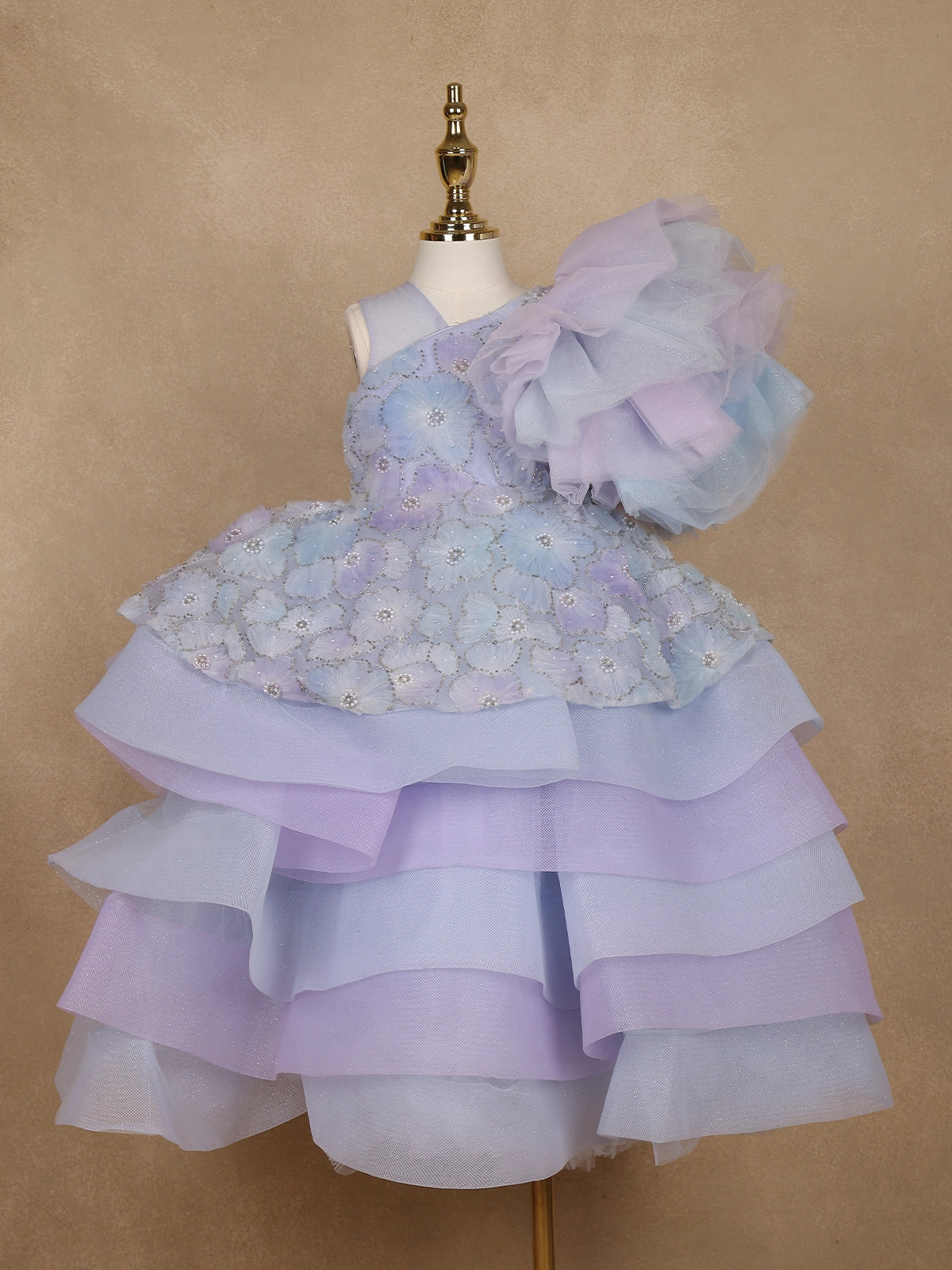 Lavender Layered Ruffle Design Net  Kids Gown with 3D Floral Work