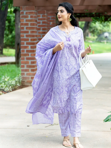 Lavender Paisley Printed Cotton Salwar Suit - Diadem