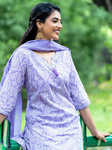Lavender Paisley Printed Cotton Salwar Suit - Diadem