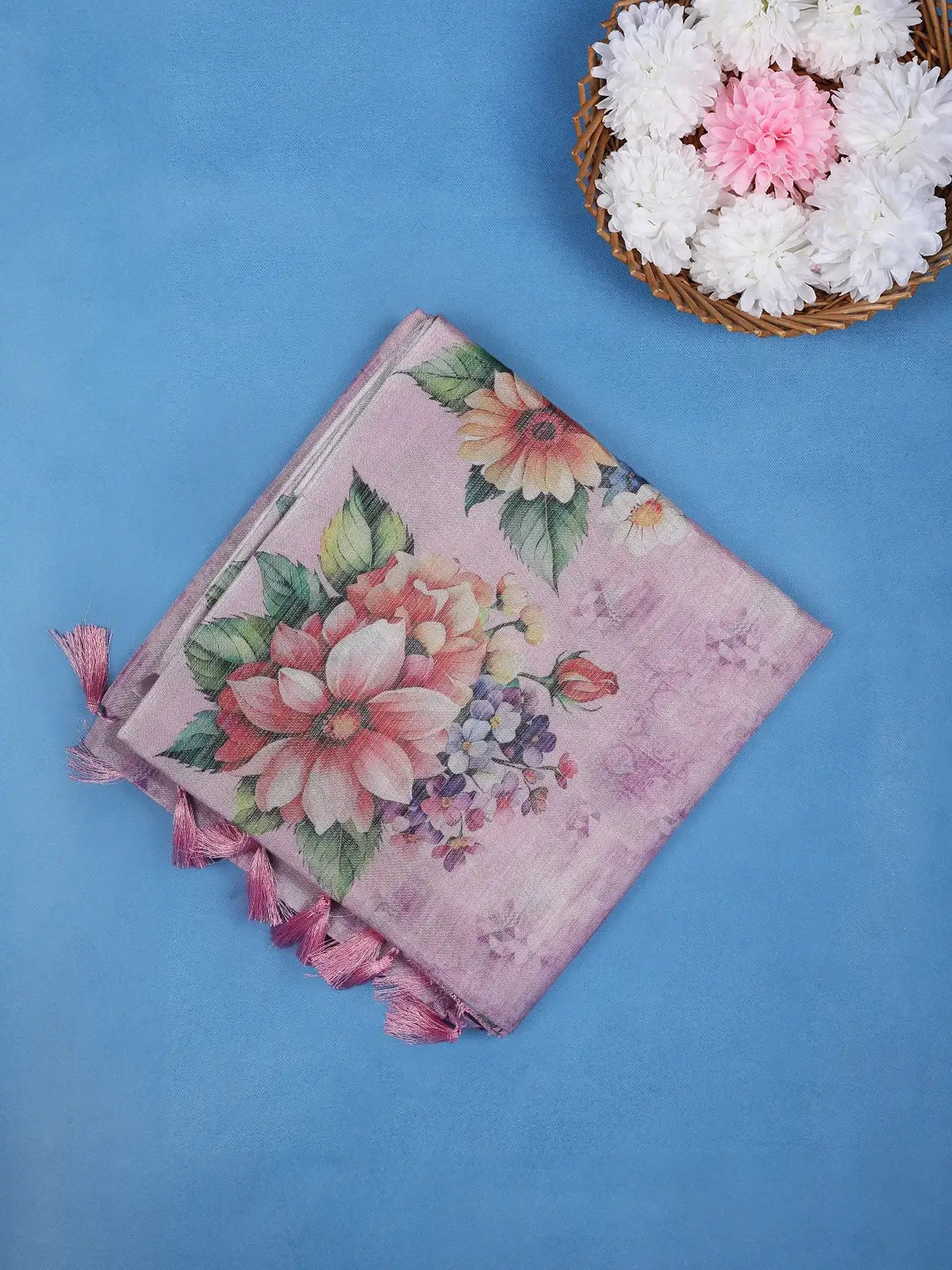 Lavender Pink Floral Digital Print Cotton Saree - Diadem