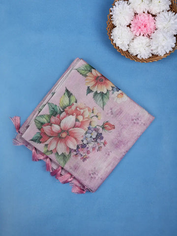 Dusty Lavender Rose Floral Digital Print Cotton Saree - Diadem
