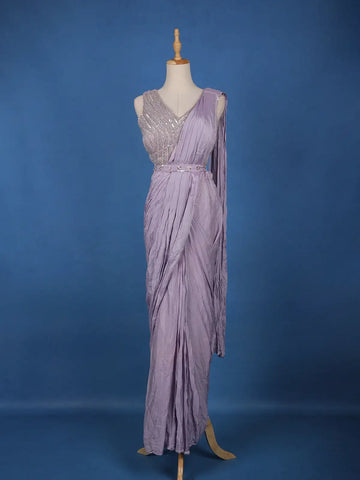 Lavender Solid Design Satin Ready To Wear Saree with Designer Blouse - Diadem