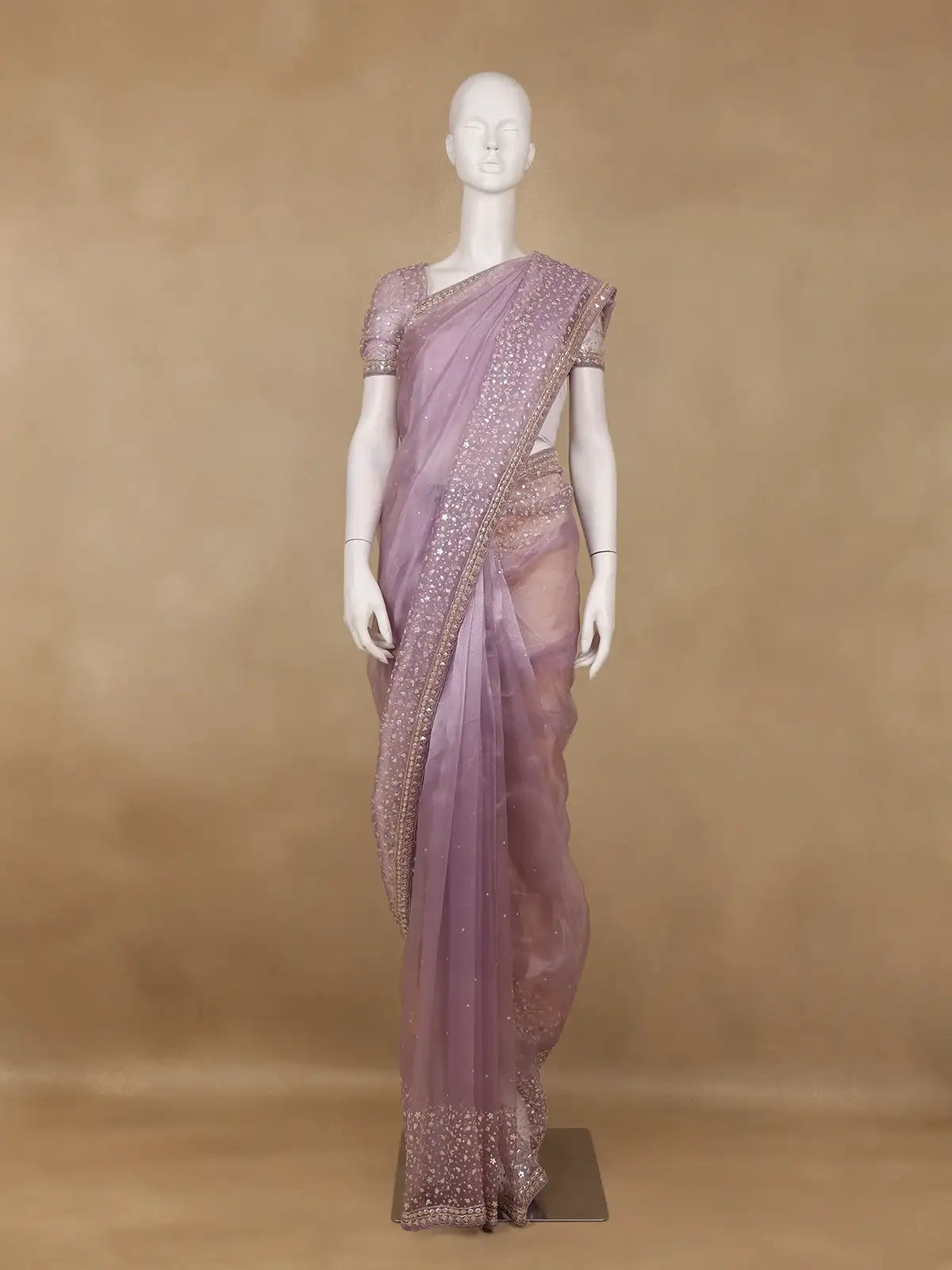 Lavender Sequins Designed Net Saree - Diadem