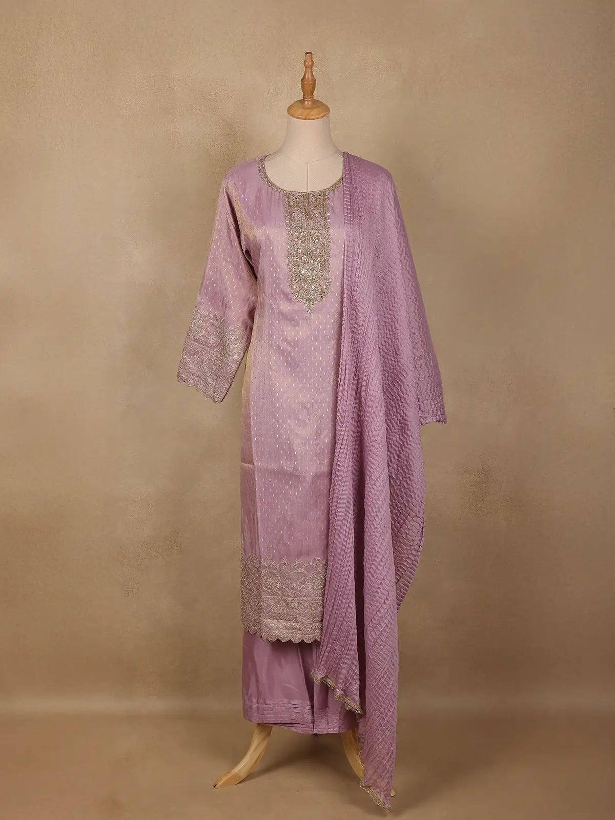 Lavender Silk Salwar Suit with Floral Embroidery - Diadem