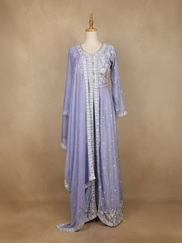 Lavender Crepe Palazzo Suit with Floral Embroidery Design - Diadem