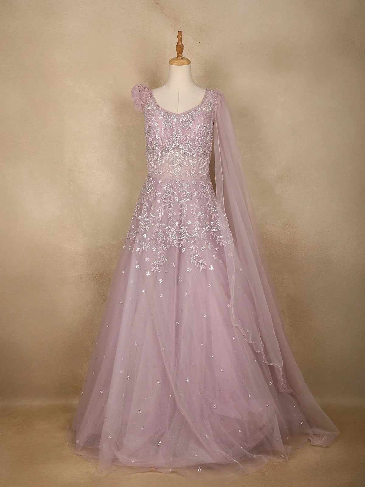Lavender Floral And Sequins Embroider Net Party Wear Gown - Diadem