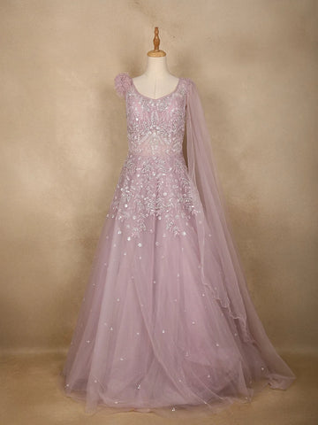 Lavender Floral And Sequins Embroider Net Party Wear Gown - Diadem