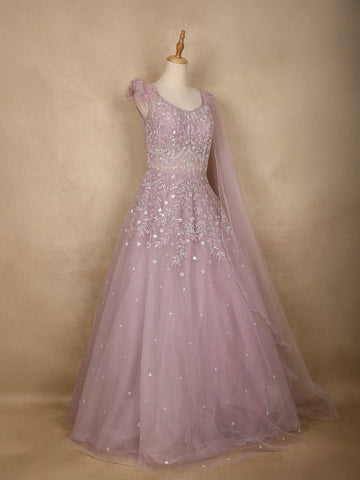 Lavender Floral And Sequins Embroider Net Party Wear Gown - Diadem