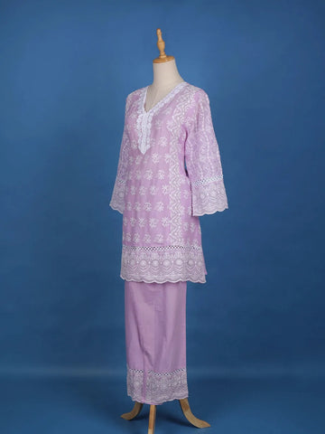 Lavender Floral Designed Cotton Salwar Suit - Diadem