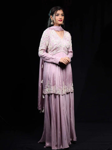 Lavender Floral Designed Crepe Palazzo Salwar Suit - Diadem