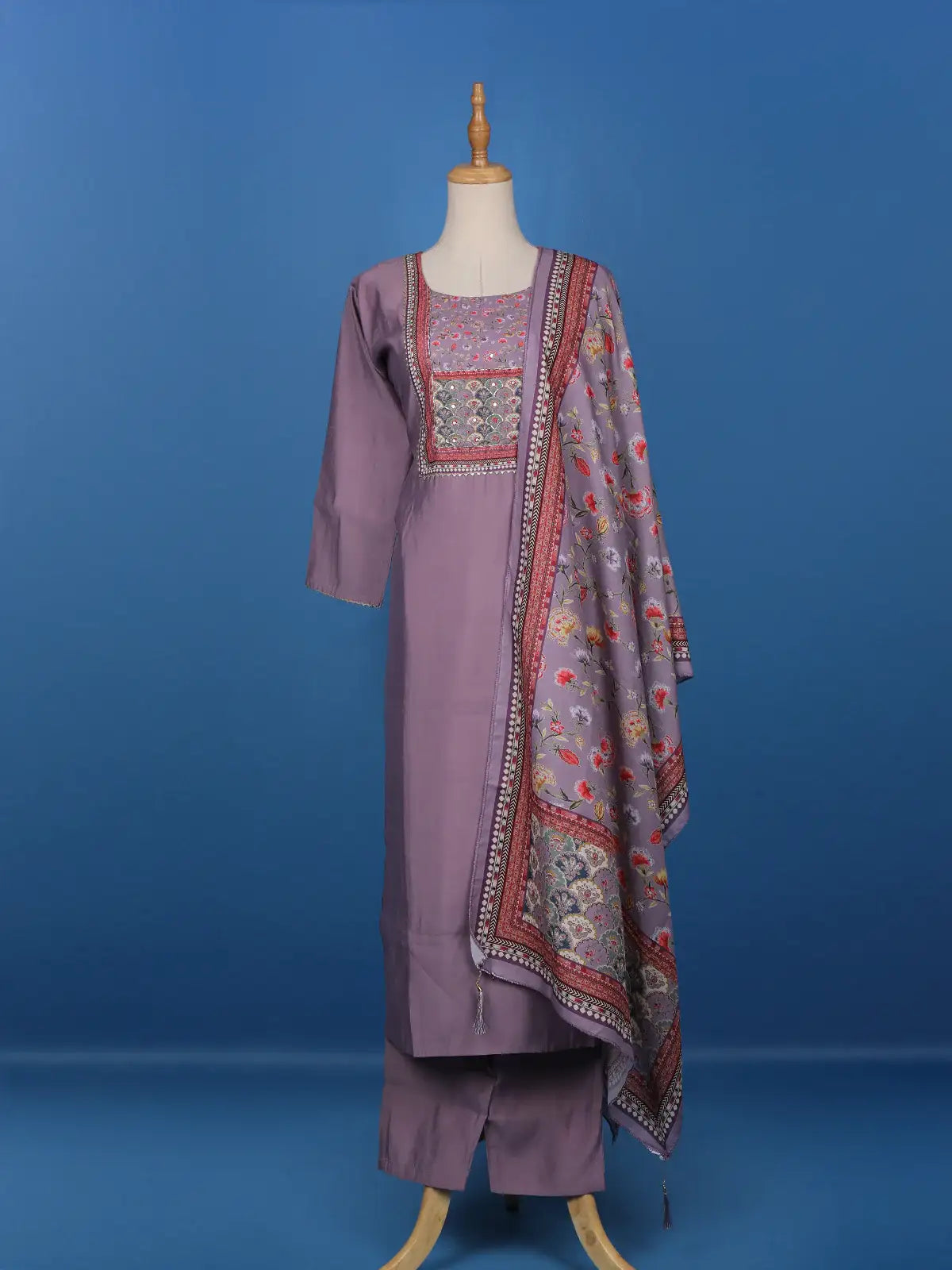 Lavender Floral Designed Semi Silk Straight Cut Salwar Suit - Diadem